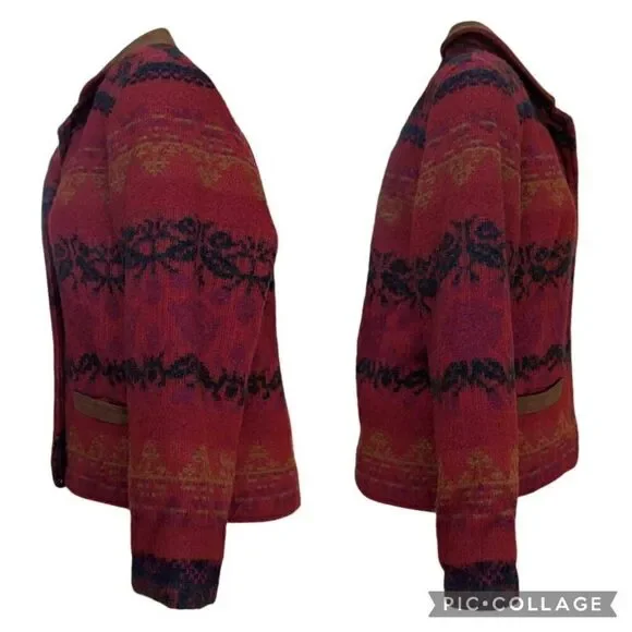 Vintage Woolrich Jacket Red Southwestern Aztec Suede Trim Wool USA Size S Button - Picture 6 of 10